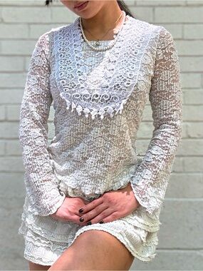 Vintage Sheer Lace Crochet Bib Blouse in Ivory